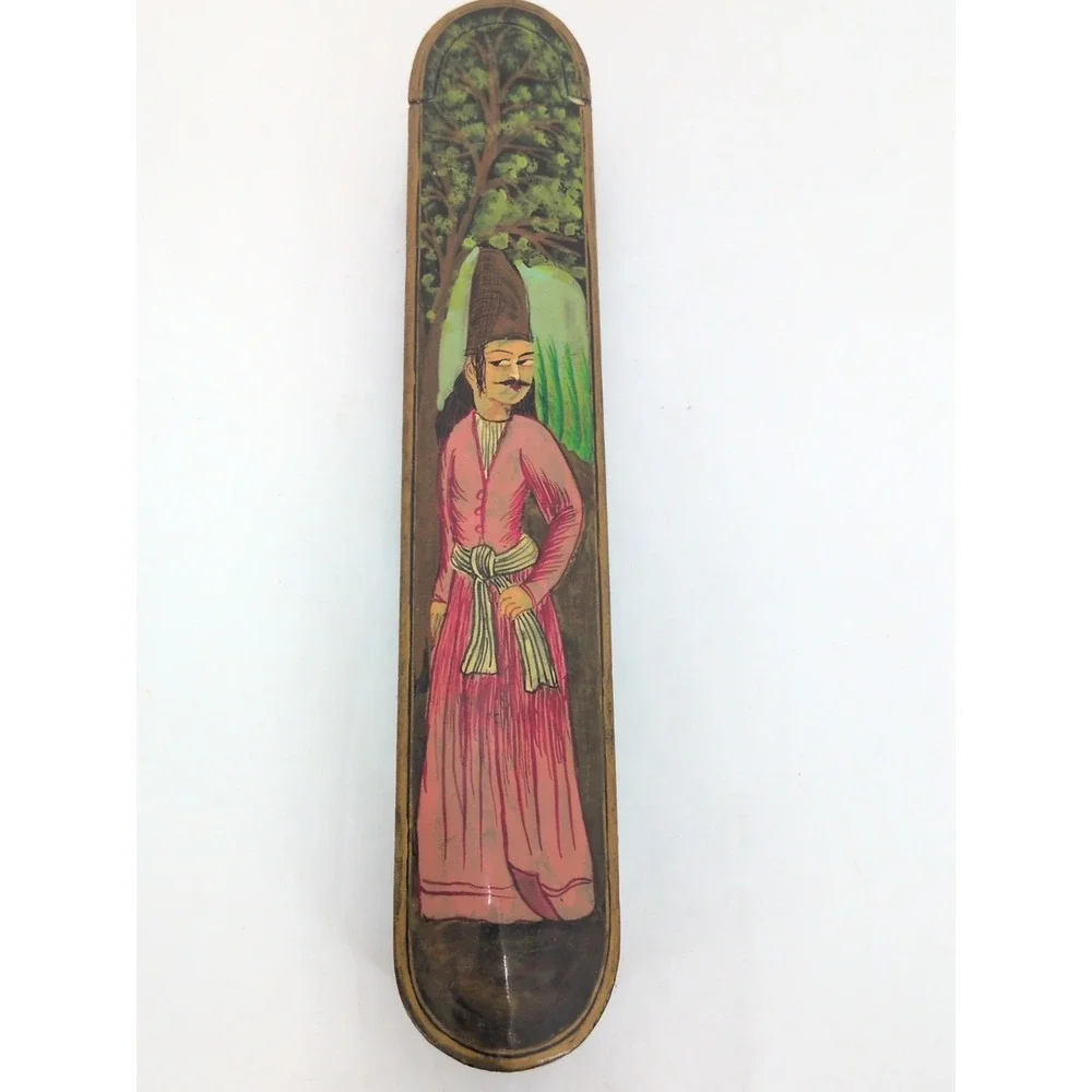 VTG Antique Persian Hand Painted Lacquer Pen Box Figural Man Tree Leaves Floral